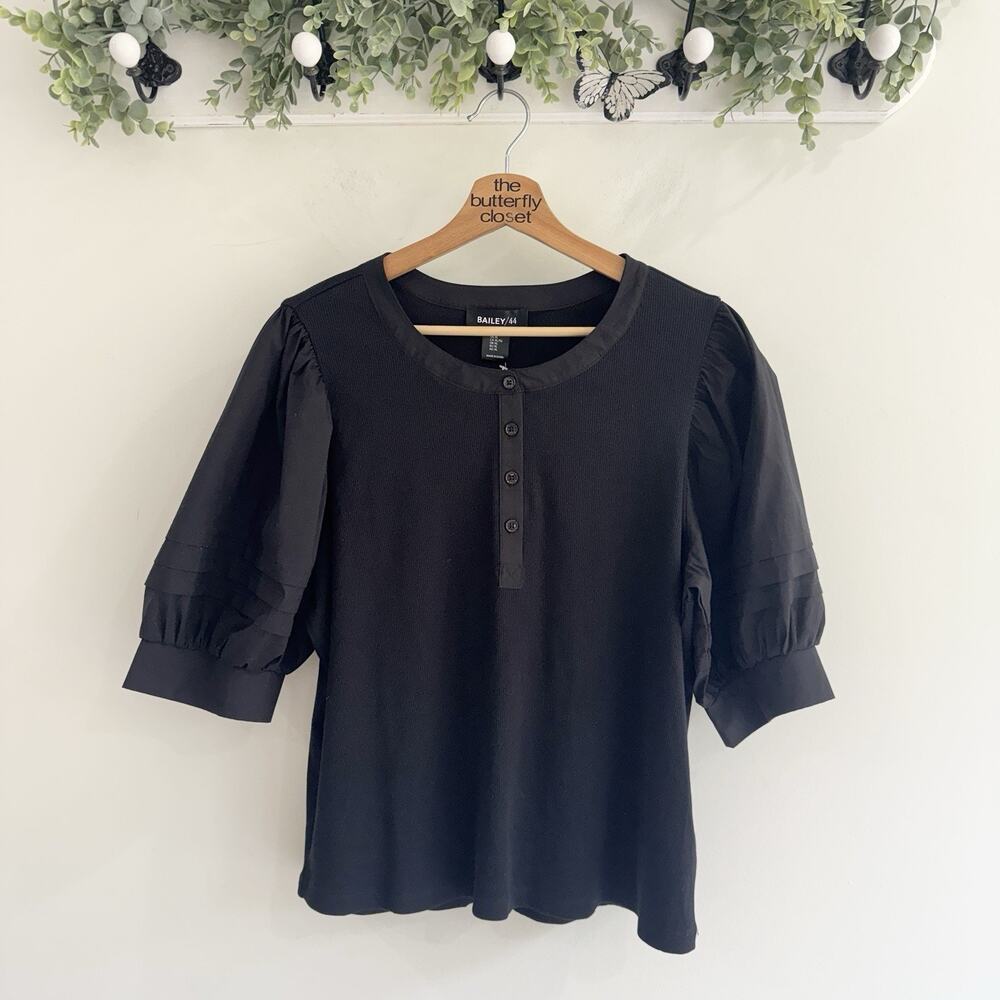 Bailey 44 Black Puff Sleeve Ribbed Blouse NWOT XL Kk5017